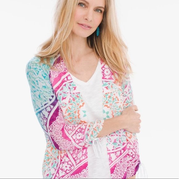 Chicos Medallion Ruched-Sleeve Cardigan with Bonus Scarf 1P - Picture 1 of 14